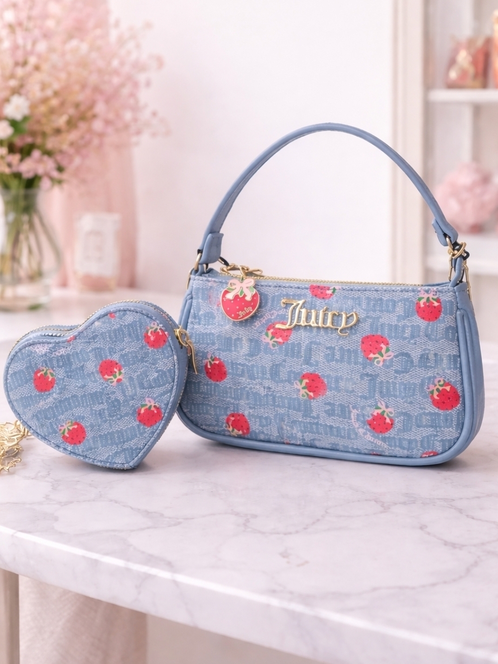 Juicy Couture Blue Strawberry-Print Mini Shoulder Bag And Coin Purse Set